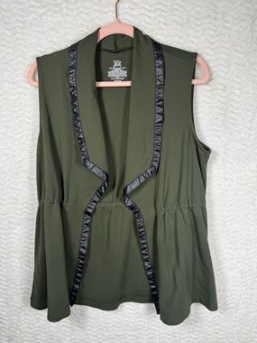 Cut the Frills Olive Sleeveless Open-Front Vest with Black Trim